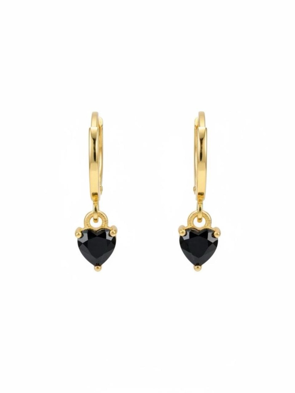 Gold Hoop Earrings with Black Heart Gem Dangles